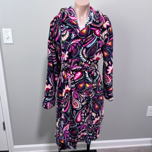 Vera Bradley Parisian Paisley Print Plush Fleece Bath Robe Pink Navy Purple L/XL - Picture 1 of 5